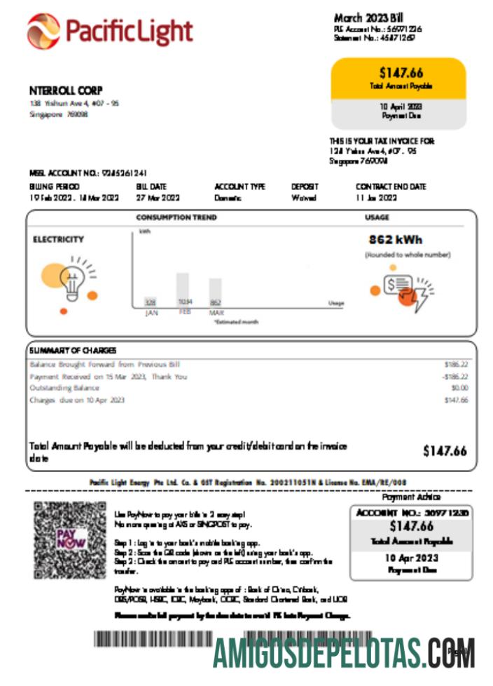 Projeto de lei de serviços públicos de eletricidade da Pacific Light SCR modelo